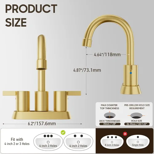 Miniatura 7 de Grifo de baño sin plomo de 4 pulgadas con 2 manijas de oro cepillado centrado, boquilla giratoria con drenaje emergente de cobre y 2 líneas