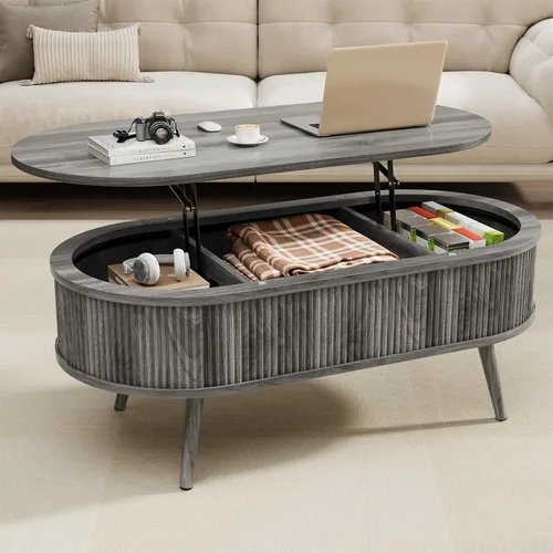 Miniatura 8 de Mesa auxiliar ovalada con almacenamiento, moderna mesa de centro acanalada con parte superior elevadora, mesas de centro pequeñas con Negro