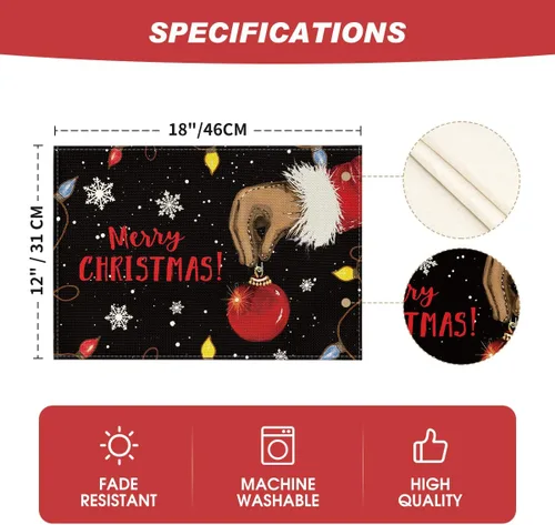 Miniatura 6 de Artoid Mode Juego de 4 manteles individuales con diseño de bola de Navidad, 12 x 18 pulgadas, color negro, para decoración de fiestas, cocina