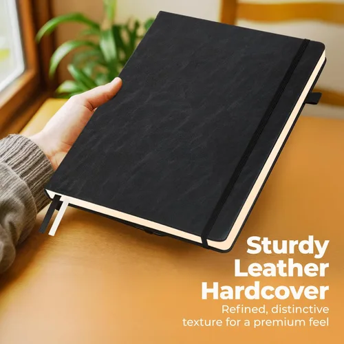 Miniatura 4 de Cuaderno clásico con líneas de 8.5x11" A4 tapa dura de cuero - Negro - 200 páginas con rayas universitarias grande con pestañas adhesivas, bolsillos