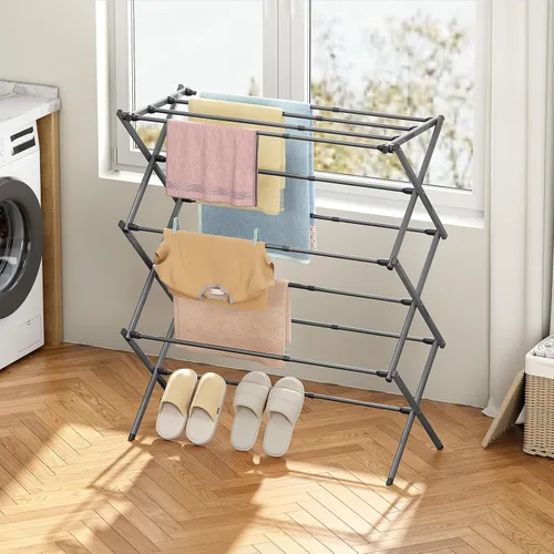 Miniatura 9 de KINGBOARD Tendedero de secado de ropa plegable con 11 postes, estante de secado de lavandería de 3 niveles, estante de secado de ropa pequeño