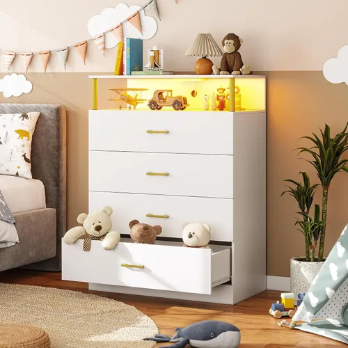 Miniatura 7 de AOGLLATI Cómoda blanca para dormitorio con diseño de columna, cómoda de 4 cajones con estación de carga, cómoda moderna led alta para dormitorio
