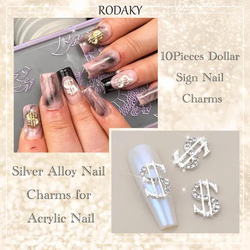 Miniatura 2 de RODAKY 10 dijes de uñas de dólares plateados 3D, dijes brillantes para uñas, joyas de uñas de lujo, diamantes de imitación para uñas acrílicas