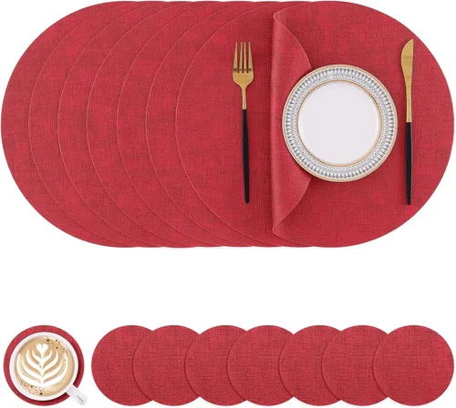 Miniatura 18 de Homaxy - Juego de 4 manteles individuales redondos de piel sintética y portavasos, manteles de mesa lavables de doble cara, manteles para comedor