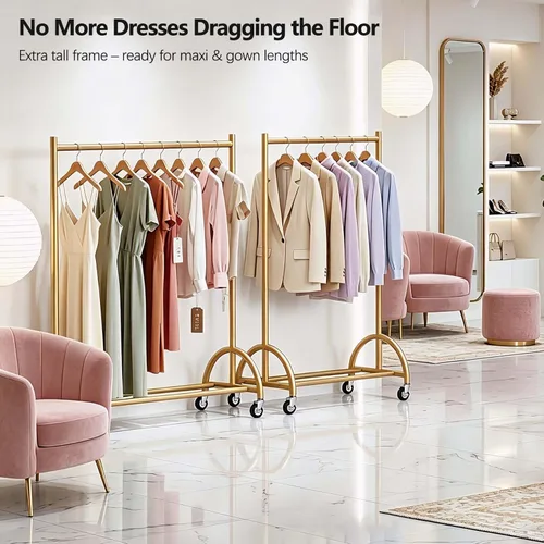 Miniatura 8 de MISSLO Perchero de ropa resistente con ruedas para colgar ropa, abrigos, ropa, vestidos, dorado