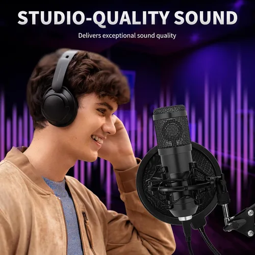 Miniatura 2 de Micrófono de condensador, profesional cardioide para estudio, transmisión, podcast, PC, computadora, USB, set de micrófono con brazo de tijera