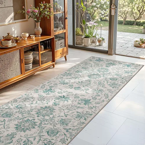 Miniatura 389 de jinchan Lima - Alfombra simétrica floral geométrica lavable, alfombra de entrada de medio círculo de 2 x 3, alfombra de media luna, suave y Azul