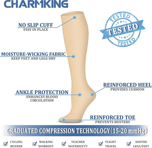 Miniatura 5 de CHARMKING Calcetines de compresión para mujeres y hombres, 4 pares de 15-20 mmHg, mejor apoyo para atletismo, correr, ciclismo