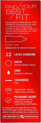 Miniatura 11 de Durex Preservativos de látex extra sensibles lubricados ultra finos de alta calidad, ajuste ancho, 12