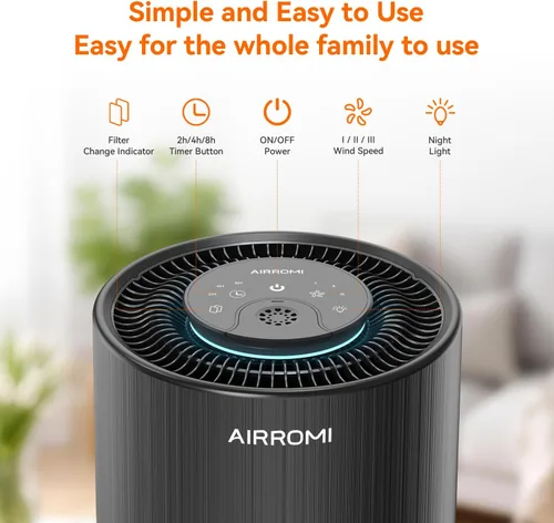 Miniatura 3 de Purificador de aire AIRROMI para dormitorio con filtro HEPA 3-en-1, purificador de aire para mascotas para el olor a orina de gato en el hogar, Negro