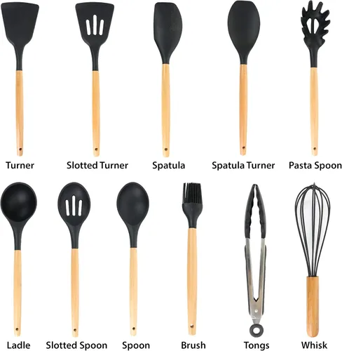 Miniatura 5 de Megachef Juego de utensilios de cocina de madera, 12 piezas, textura negra y madera
