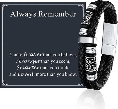 FaithHeart Pulsera vikinga para hombre, pulsera de cuero trenzado de doble fila con cierre de acero inoxidable, brújula vikinga, pulsera vintage de