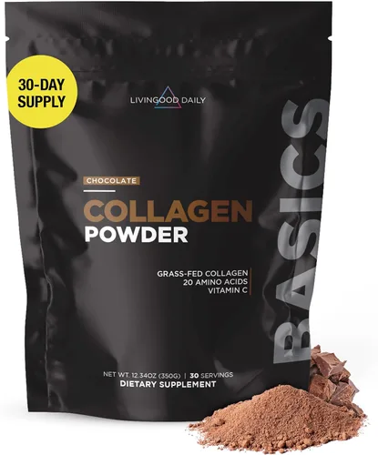 Livingood Daily Polvo de colágeno de chocolate para mujeres y hombres, péptidos de colágeno hidrolizados en polvo con vitamina C, proteína con 20