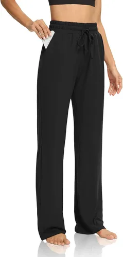 Miniatura 3 de DIBAOLONG Pantalones de yoga para mujer, pierna ancha, cómodos, con cordón, holgados, largos, palazzo, pantalones de entrenamiento con bolsillos