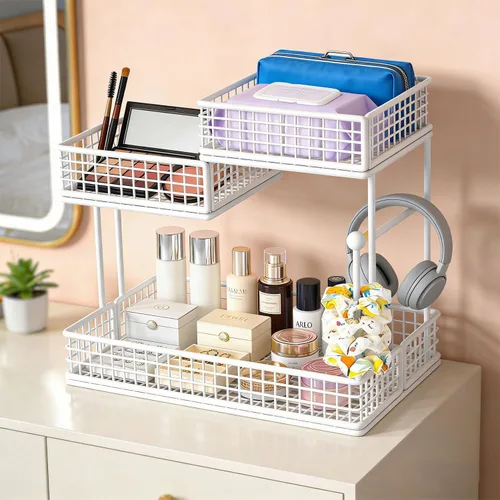 Miniatura 9 de Organizador de maquillaje para tocador, organizador de encimera de baño de metal de 3 niveles, soporte de almacenamiento para el cuidado de la piel