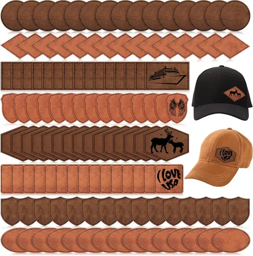Miniatura 9 de Giegxin 120 Piezas Parches de Cuero Sintético Rústico para Sombreros con 8 Tipos de Formas de Grabado Láser en Blanco, Parche Adhesivo para Tela