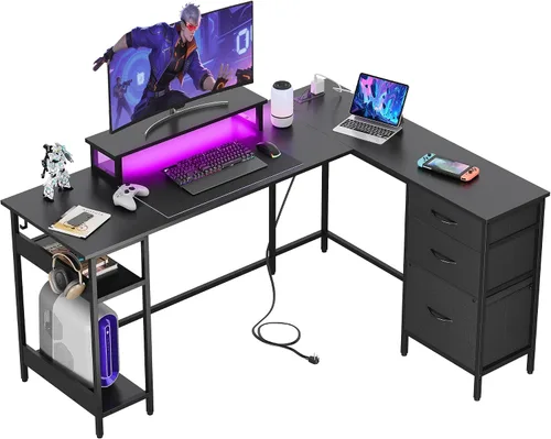 Miniatura 11 de DEVAISE Escritorio para juegos en forma de L de 48 pulgadas con cajones y almacenamiento, escritorio de esquina con luces LED, tomas de corriente