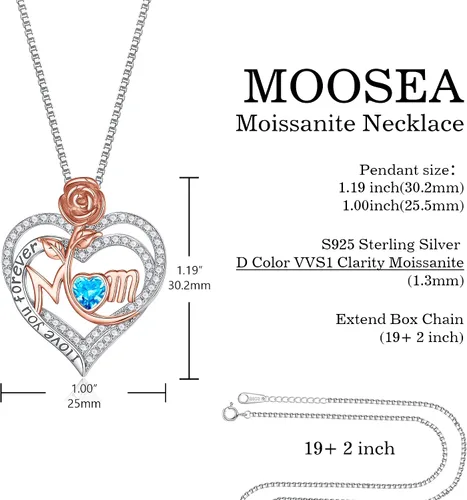 Miniatura 6 de MOOSEA Collar de mamá para mujer, collar de piedra lateral de diamante de moissanita, collar de piedra natal de corazón rosa de oro blanco de 18