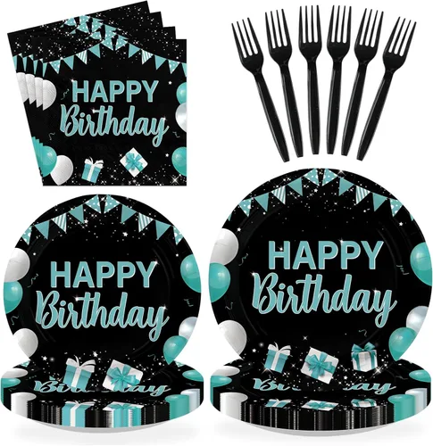 96 piezas de suministros para fiesta de feliz cumpleaños, decoraciones de color verde azulado y negro, 350 GSM, desechables, turquesa, juego de