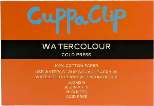 CuppaClip Bloque de papel de acuarela de algodón puro, 300 GSM (140 libras) sin ácidos, 20 hojas de suministros de arte de acuarela (prensa fría,