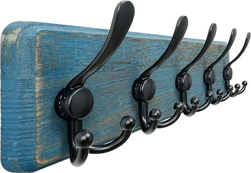 Miniatura 24 de Dseap Perchero de Pared Montado - 5 Ganchos Triangulares, Resistente, Perchero de Pared de Madera para Abriggos, Sombreros, Chaquetas, Ropa, Negro