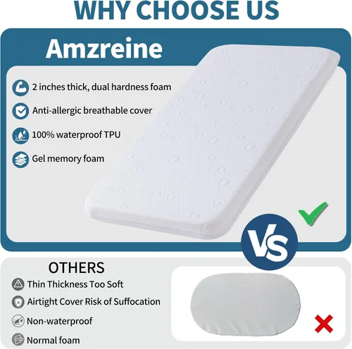 Miniatura 7 de Colchón de moisés para bebé, 24" x 20.8" x 2" colchón de espuma viscoelástica de gel de doble cara con funda suave transpirable extraíble que se