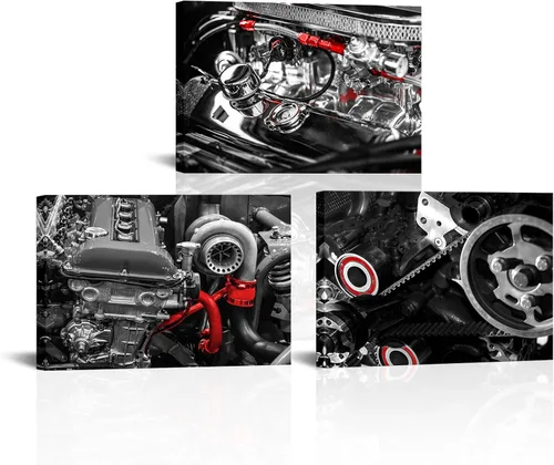 Miniatura 8 de FuShvre Mecánico Cuadros Mecánico Tienda Arte de Pared Lienzo Motor Impresiones para Taller Oficina Hombre Cueva Decoración de Pared Negro y Rojo