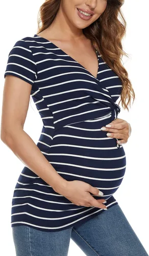 Miniatura 4 de Glampunch Camisas de maternidad para mujer, manga corta y larga, con lazo frontal, tops de maternidad