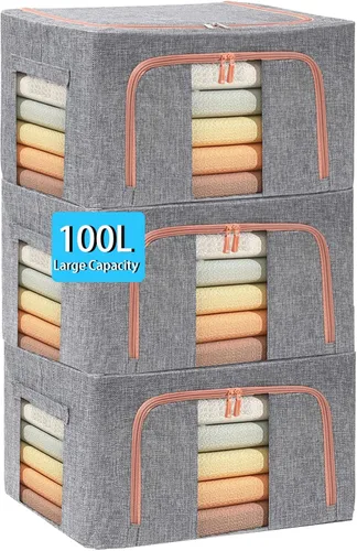 Miniatura 8 de Bolsas de almacenamiento de ropa de gran capacidad, organizador de almacenamiento apilable con marco de metal plegable, cremallera de 2 vías, asas