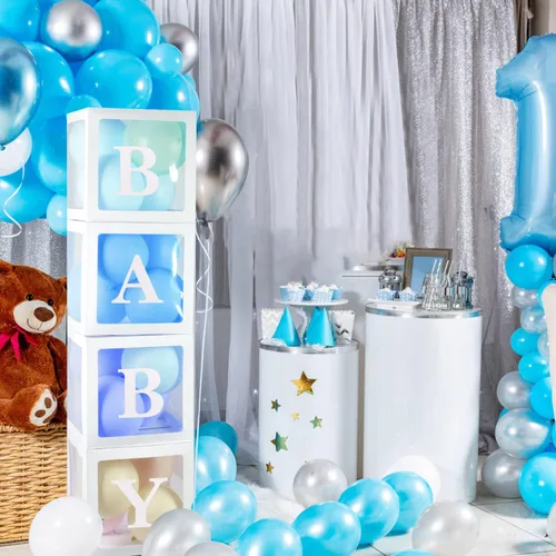 Miniatura 7 de Cajas de bebé PABUES con 4 piezas de letras para baby shower, caja de globos transparentes en blanco con bloques para revelación de género