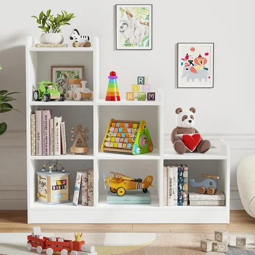 Miniatura 8 de Derfullo Estantería para libros, organizadores y almacenamiento de juguetes de 6 cubos, estantería Montessori pequeña de suelo abierto para Gris