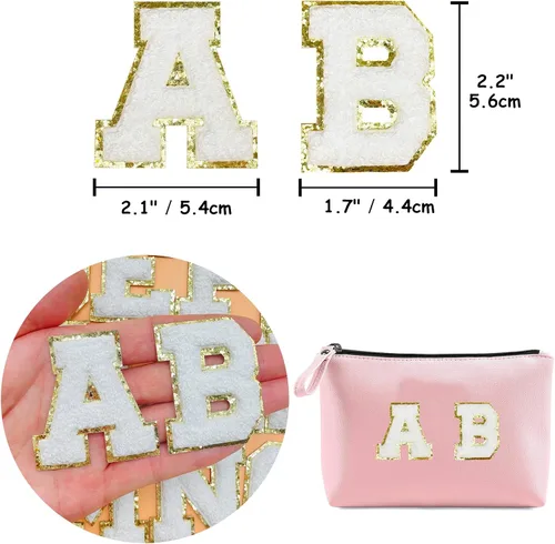 Miniatura 6 de Jongdari Parches de letras de chenilla autoadhesivas y termoadhesivas, parche universitario con brillantina del alfabeto - 26 piezas, blanco
