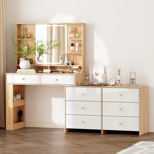 Miniatura 10 de Ieejdn Escritorio de tocador de maquillaje con espejo y luces, escritorio de tocador con 8 cajones y estantes de almacenamiento, mesa de tocador