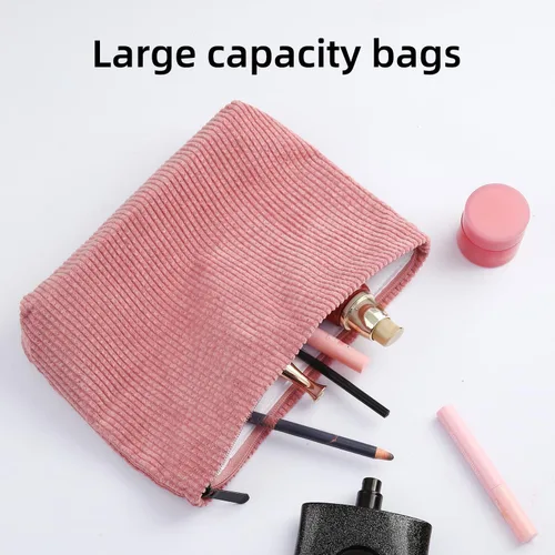 Miniatura 3 de Wudimeitt Bolsa de cosméticos Bolsa de maquillaje Preppy Cute Corduroy Neceser para mujer Artículos esenciales de viaje (rosa)