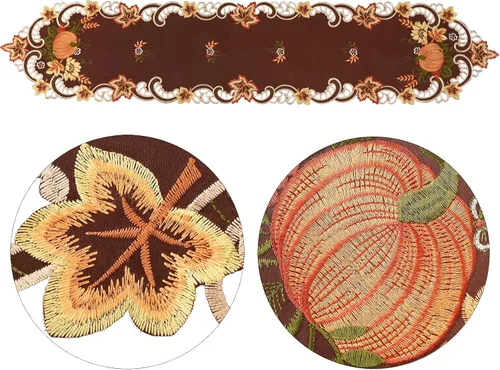 Miniatura 3 de Caminos de mesa bordados marrones de cosecha de Acción de Gracias para decoraciones de otoño u otoño (14 x 34 pulgadas)