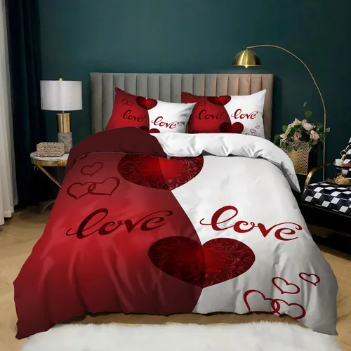Miniatura 15 de AILONEN - Juego de funda de edredón tamaño individual, diseño de corazones para parejas, juego de ropa de cama rojo y negro, diseño "Yo y tú", juego