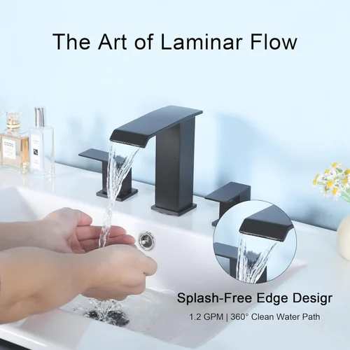 Miniatura 5 de COMLLEN Grifos de baño de 3 agujeros, grifo de baño de cascada negro mate de 3 agujeros, 8 pulgadas extendido moderno grifo de lavabo de baño, grifo