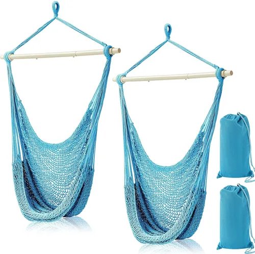 Miniatura 11 de Barydat 2 sillas colgantes tipo hamaca estilo bohemio, para exteriores e interiores, cómoda cuerda de algodón suave, con barras de metal Beige