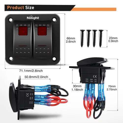 Miniatura 2 de Nilight Panel de interruptor basculante de 2 posiciones, 12V 24V DC, interruptores rojos, aluminio, 5 pines, ON OFF, precableado, impermeable