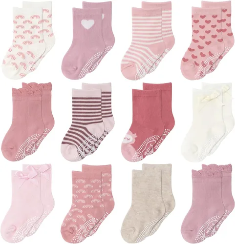 The Peanutshell Juego de 12 calcetines orgánicos para bebé niña de 0 a 24 meses, agarre antideslizante, calcetines de algodón suave para recién