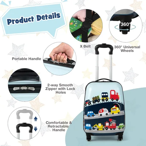 Miniatura 3 de Goplus Equipaje para niños, 2 piezas, 12 y 16 pulgadas, juego de equipaje de mano para niños con 4 ruedas giratorias, maleta ligera con ruedas