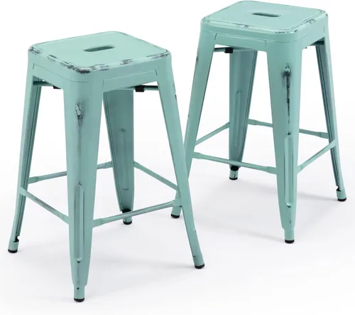 Miniatura 32 de Vogue Furniture Direct 24" Taburetes de bar de metal sin respaldo negros para interiores/exteriores, altura para encimera con asiento cuadrado