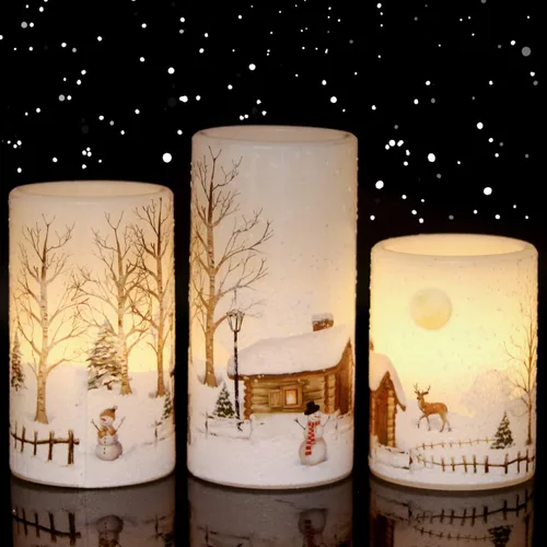 Eldnacele Velas de Navidad sin llama con muñeco de nieve, parpadeantes, con temporizador de ciclo diario automático, velas LED de pilas blancas con