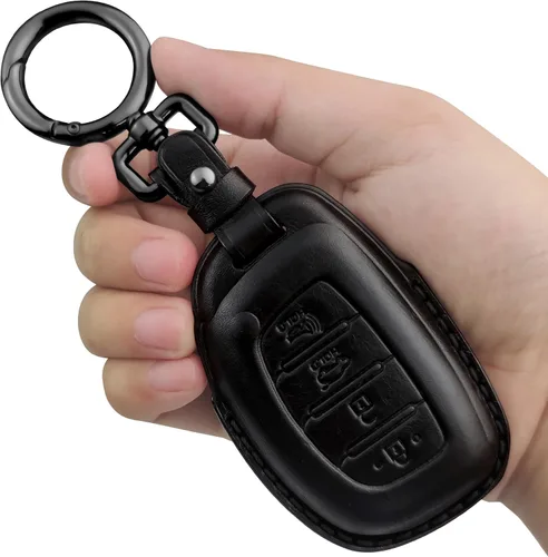 Tukellen Funda de Cuero Genuino para Llavero Portallaves Inteligente Compatible con Hyundai Elantra Elantra GT Ioniq Sonata Tucson Smart 4 Botones