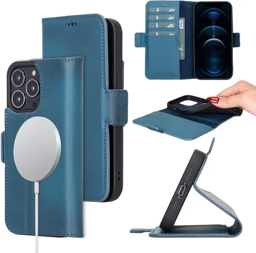 Miniatura 14 de Bayelon Funda para iPhone 13 Pro Max, funda de piel de grano completo, funda magnética con ranuras para tarjetas, función atril (bronceado rústico)