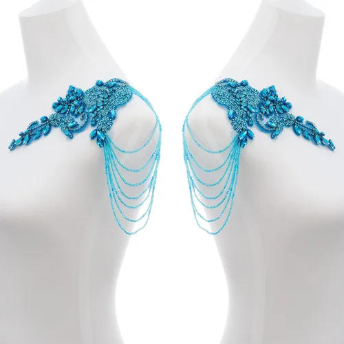 Miniatura 2 de Pareja de adornos de pedrería con cuentas en azul cielo, bordados de aplique para ropa, hombreras con pedrería de diamantes y lentejuelas
