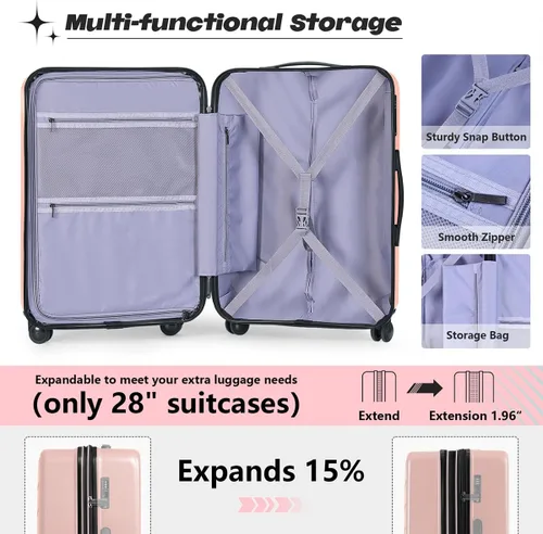 Miniatura 4 de AnyZip Maletas de equipaje con ruedas giratorias PC+ABS Hardshell TSA Lock, Rosado