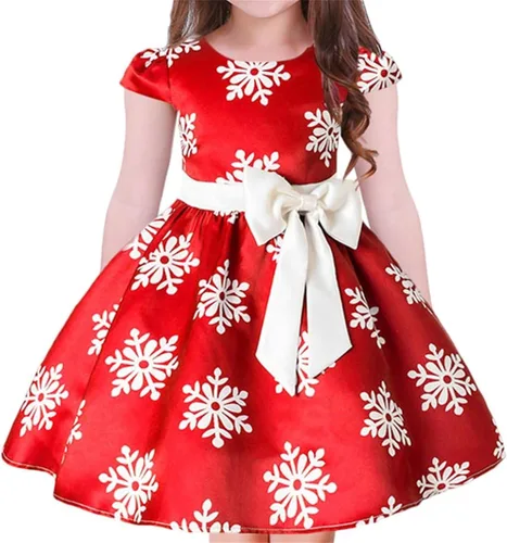 Miniatura 6 de Vestido de Navidad para niñas pequeñas, con estampado de copos de nieve, para boda, formal, cumpleaños, fiesta, con cinturón de lazo