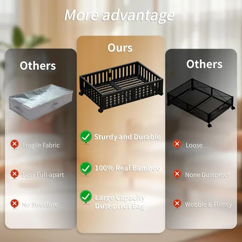 Miniatura 4 de Almacenamiento de bambú debajo de la cama con ruedas, caja organizadora de zapatos rodante debajo de la cama para zapatos, mantas, juguetes
