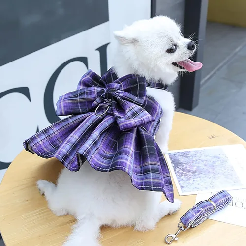 Miniatura 3 de PETCARE Vestido de perro a cuadros con pajarita y arnés para perros pequeños, gatos, niñas, lindos vestidos de princesa para perro, primavera